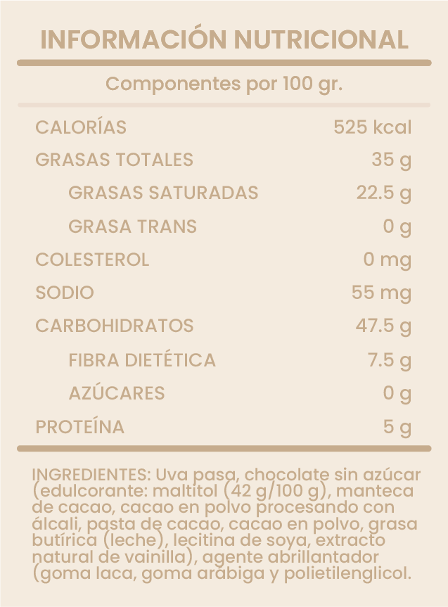 PASAS CON CHOCOLATE SIN AZÚCAR
